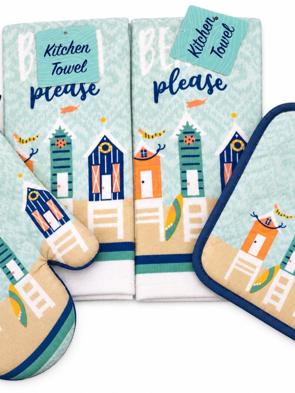 Beach Please Kitchen Towels Oven Mitt Potholder Set of 4 Cabana Summer Coastal